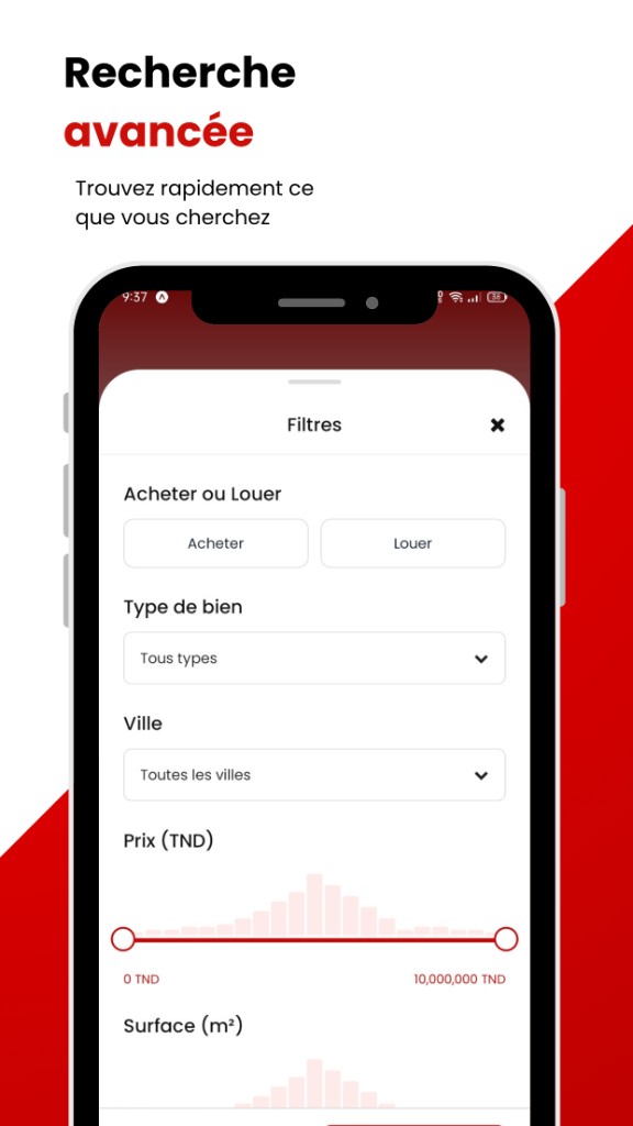 Recherche avancée avec filtres prix, surface et type de bien